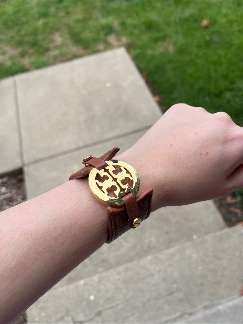 Tory Burch Brown Leather Bracelet Watch with Gold Medallion Accent